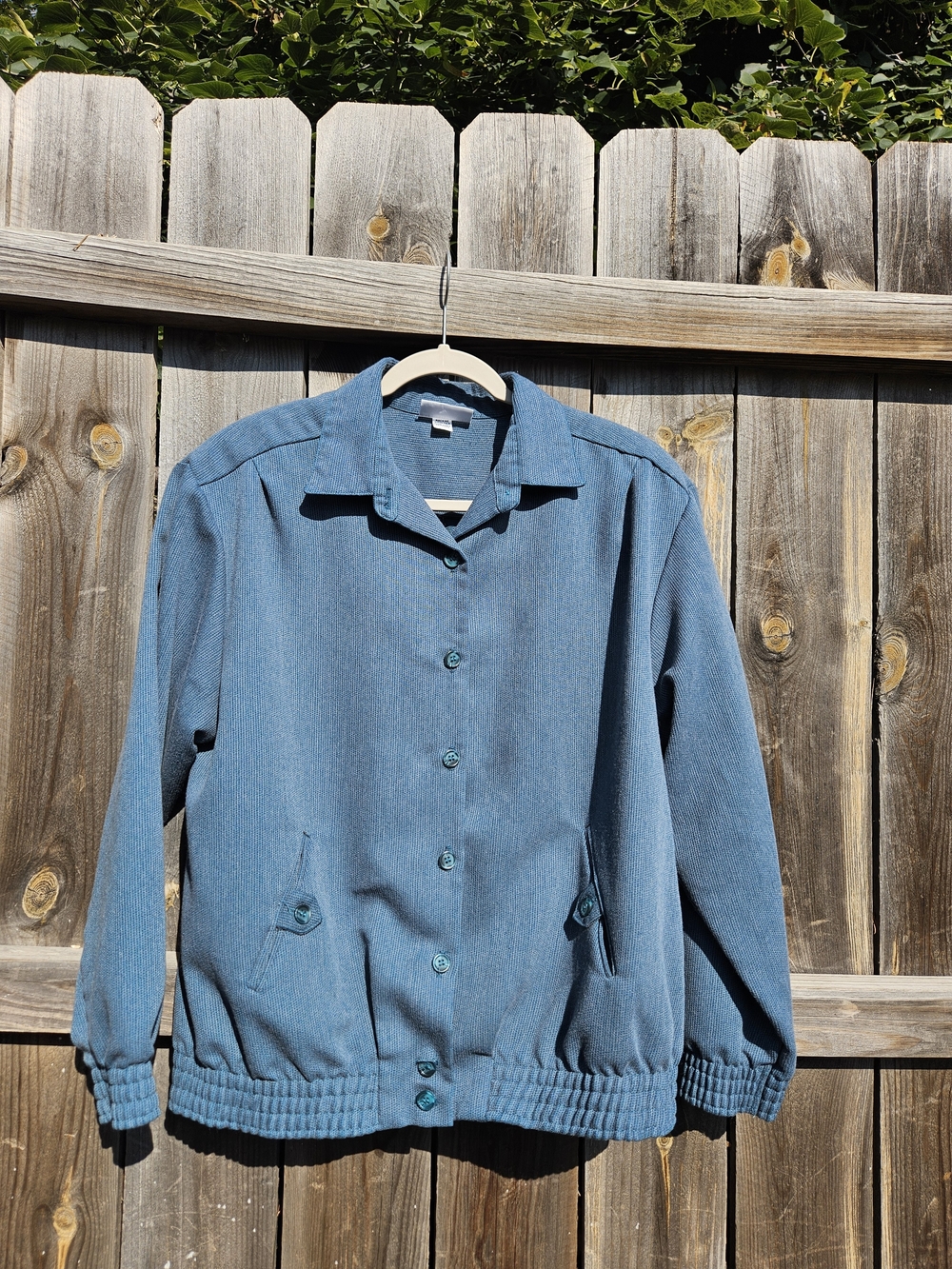 VTG Alfred Dunner Bomber Jacket Womens 12 Large Cropped Teal Button Down Elastic